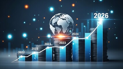 3D digital illustration of a business success graph on a global map background representing a world network and internet communication data concept