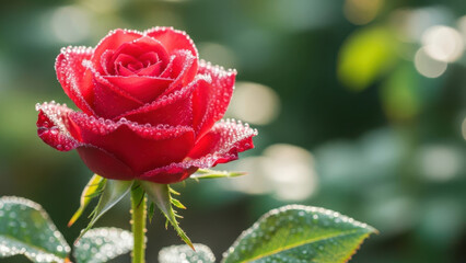 Red rose with dew drops on petals and leaves in garden flower green leaves