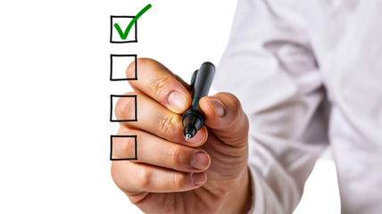 Hand marking checklist with pen isolated on white background
