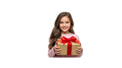 Little girl smiling holding gold gift box
