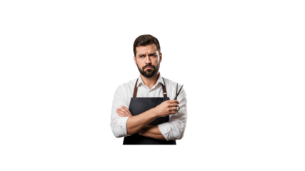Concerned barber with crossed arms and scissors