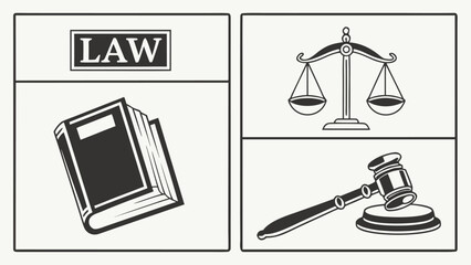 Law and Justice Icons Collection with Scales of Justice and Law Books