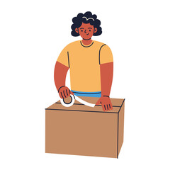 Flat cartoon vector illustration of woman packing cardboard box and sealing with tape, shipping and moving, simple work scene, practical mood for delivery, relocation and logistics project