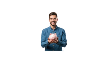 Man holding a pink piggy bank smiles happily