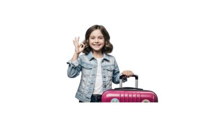 Happy girl with suitcase gesture of approval