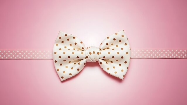 A white bow tie adorned with brown polka dots rests on a pink ribbon, set against a vibrant pink background - Powered by Adobe