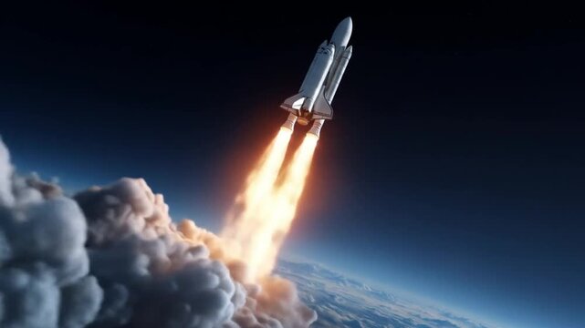 A rocket lifts from Earth's curvature, bright orange exhaust roaring through clouds into space ahead