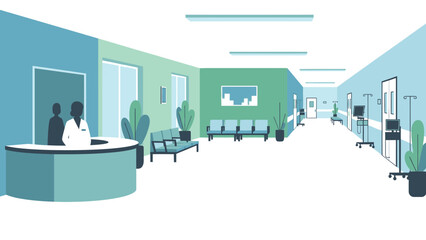 A long hospital corridor with a receptionist and chairs, portraying a clean, professional environment