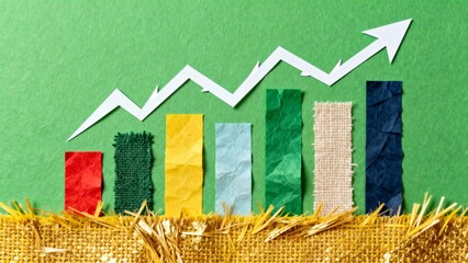 A minimalist collage of paper and fabric scraps, featuring a multicolored histogram with a distinct white growth arrow against a green background.