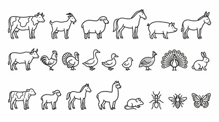 Naklejka premium Farm Animal Vector Set with Cow, Horse, Goat, Pig, Rabbit, Poultry, Insects, Black and White Line Icons for Education, Worksheets, and Kids Learning