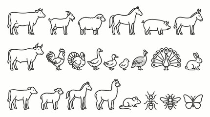 Naklejka premium Farm Animal Vector Set with Cow, Horse, Goat, Pig, Rabbit, Poultry, Insects, Black and White Line Icons for Education, Worksheets, and Kids Learning