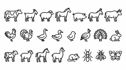 Naklejka premium Farm Animal Vector Set with Cow, Horse, Goat, Pig, Rabbit, Poultry, Insects, Black and White Line Icons for Education, Worksheets, and Kids Learning