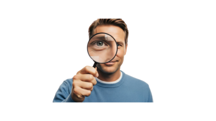 Man with magnifying glass looking at camera