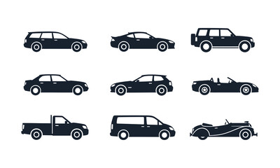 Fototapeta premium Collection of various car types side view vehicle silhouette icons