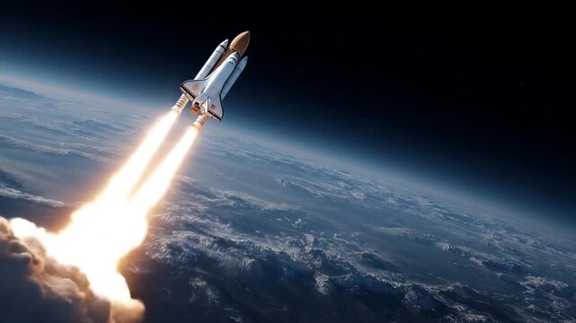 Rocket ascends from Earth's edge, flames blaze, smoke trails split the dawn as it nears space. soon