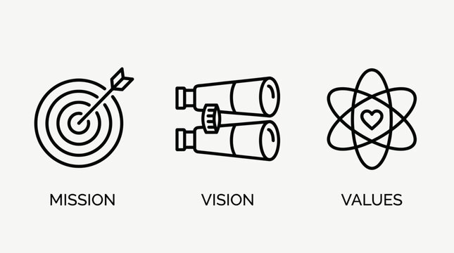 Target, Binoculars, and Atomic Heart Vector Icons for Focus, Exploration, Passionate Science, Goal Setting, Emotional Intelligence, and Educational UI Design