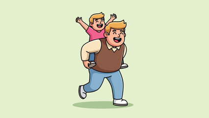 Fototapeta premium Happy cartoon father giving son piggyback ride, joyful family moment.