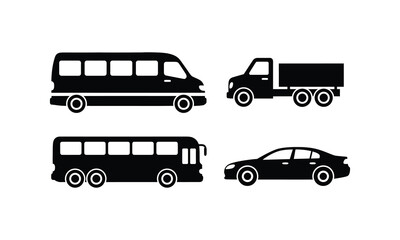 Set of transport vehicle icons bus truck and car isolated black