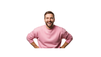 Excited man smiling with hands on hips