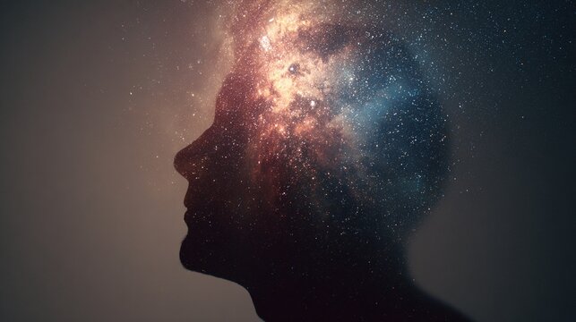 脳内で輝く銀河と星々、精神の覚醒と宇宙とのつながり