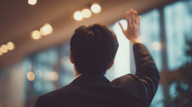 講演会で手を挙げる聴衆、熱心な学びと関心の高さ