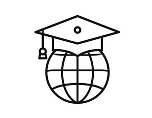 Line art depicts globe capped with academic mortarboard
