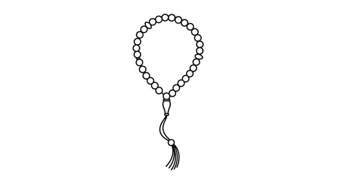 Simple black and white line art icon of Islamic prayer beads, also known as tasbih or misbaha, used for counting prayers.