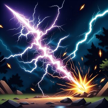 Dramatic lightning storm illuminating a dark landscape with vibrant energy, perfect for science, weather, or environmental projects seeking a powerful image