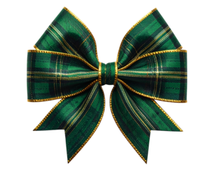 Close-up of a festive plaid bow with gold trim on a transparent background
