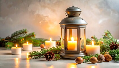 Festive candlelit scene features a lantern, candles, pine, and autumnal accents