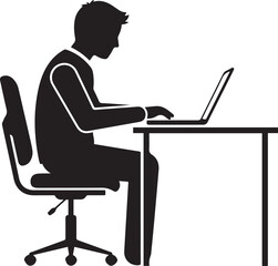 Silhouette of a man working on a laptop at a desk in an office chair person