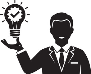 Silhouette of businessman holding a lightbulb with gear and checkmark idea innovation