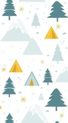 Obraz premium Seamless organic nature pattern featuring majestic mountains and vibrant forest trees landscape design.