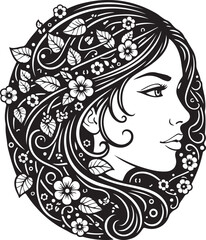 Woman's profile with intricate floral and leaf hair design female girl