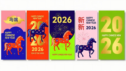 Fototapeta premium Japanese New Year 2026 Vector Illustration Set – Year of the Horse, Traditional Decorations, Greeting Cards and Seasonal Elements 