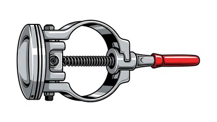 Detailed illustration of a mechanical device with a red handle.