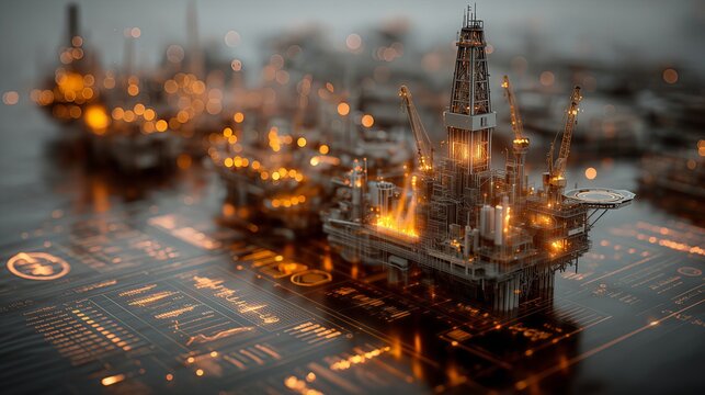 3D render of offshore oil drilling rig with holographic data charts and glowing details. Concept background for energy industry, digital twin, ocean engineering, and global petroleum economy.