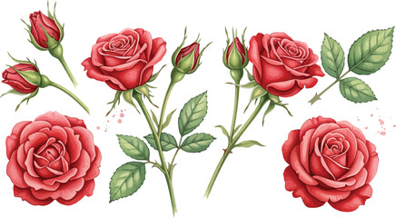A beautiful watercolor illustration set of red roses, buds, and green leaves isolated on white