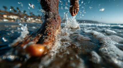 Close-Up of Foot Splashing in Ocean Waves: Running on Sandy Beach at Sunset with Sea Spray