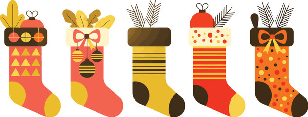 Hand drawn vector illustration of a festive Christmas stocking with colorful candles and an Easter egg decoration