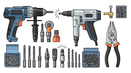 Assortment of Power Tools and Accessories Illustration.