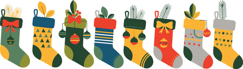 A Christmas stocking filled with colorful pencils and ribbons hanging as a festive holiday decoration