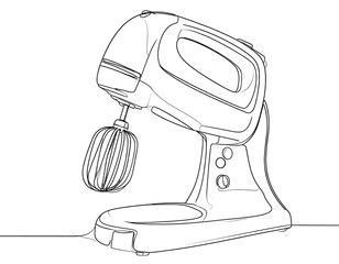 Line art illustration of a stand mixer with a whisk attachment