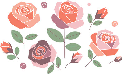 A beautiful collection of geometric roses and buds illustrated in soft pastel colors