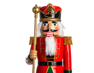 A wooden figure, red coat and gold trim, holding a scepter, perfect for the holiday season