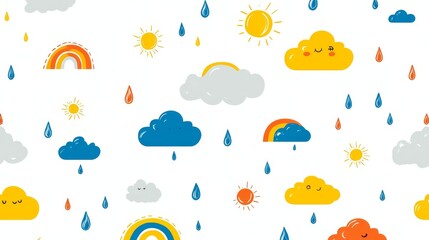 Captivating abstract weather pattern illustrating sun's radiance fluffy clouds and gentle raindrops in repetitive art.