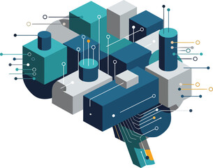 Isometric  vector illustration of a computer circuit board designed as an urban city architecture with office buildings and factory construction for a business technology network