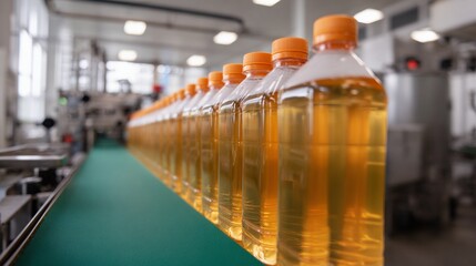 琥珀色の液体が入ったボトル、お茶や出し汁の生産ライン