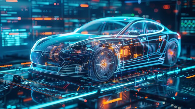 Futuristic electric vehicle concept featuring digital wireframe structure, glowing engine components, and holographic data interface background. High-tech smart car visualization illustrating automoti