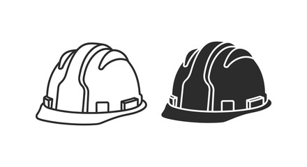 Fototapeta premium Two construction helmets one white outline and one black fill are displayed side by side silhouette
